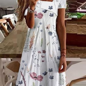 Asymmetrical Regular Fit Floral Casual Dress, Short, color:White|size:XXL, catalog Noracora shop