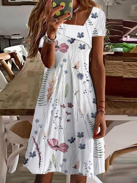 Asymmetrical Regular Fit Floral Casual Dress, Dresses, color:White|size:XXL, JustFashionNow