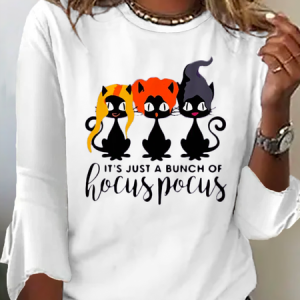 Casual Halloween Crew Neck Three Quarter Sleeve T-shirt, T-shirts, color:White|size:XXL, Noracora
