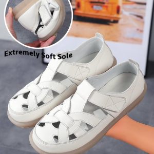 Retro Casual Hollow Leather Mother High Elastic Soft Flat Shoes, Flats, color:Beige|size:41, JustFashionNow