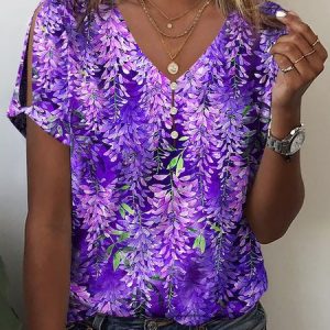 Casual Floral Print Cut Out Twist Detail Sleeve V Neck T-Shirt, T-shirts, color:Purple|size:XXL, Noracora