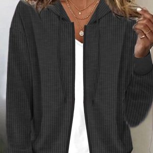 Hoodie Long Sleeve Striped Regular Medium Elasticity Loose Jacket For Women, Jackets, color:Black|size:XXL, Noracora
