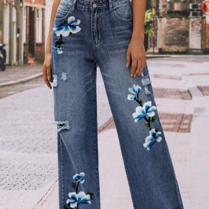 Embroidery Floral Casual Jeans, Jeans, color:Blue|size:XXL, JustFashionNow
