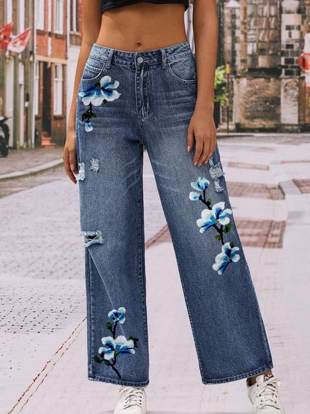 Embroidery Floral Casual Jeans, Jeans, color:Blue|size:XXL, JustFashionNow