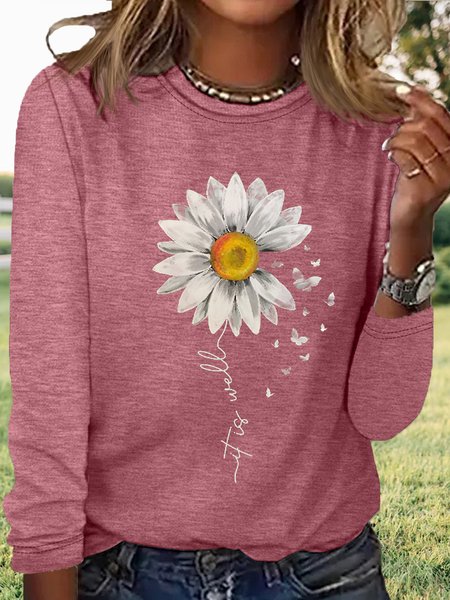 Women's Casual Daisy Butterfly Print Shirt, color:Pink|size:3XL, Lilicloth.com