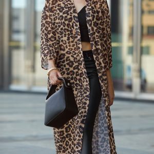 Casual Others Loose Leopard Kimono, Kimonos, color:As Picture|size:XXL, Stylewe