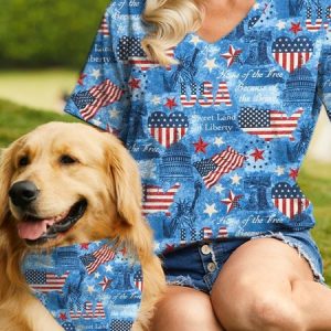 Women's America Flag Casual Loose Matching T-Shirt, color:Blue|size:3XL, Lilicloth.com