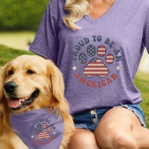 Women's Proud to be an American Dog 4th of July Matching V Neck T-Shirt, color:Purple|size:3XL, Lilicloth.com