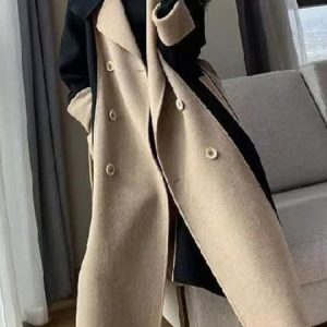 Shawl Collar Long Sleeve Contrast Stitching Buckle Regular Loose Coat For Women, Coats, color:Khaki Gray|size:4XL, Noracora