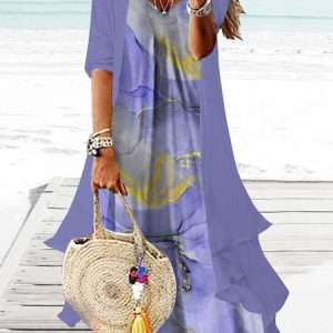 JFN 2PCS V Neck Gradient Vacation Sleeveless Dress with Cardigan, Casual Dresses, color:lavender|size:XXL, JustFashionNow