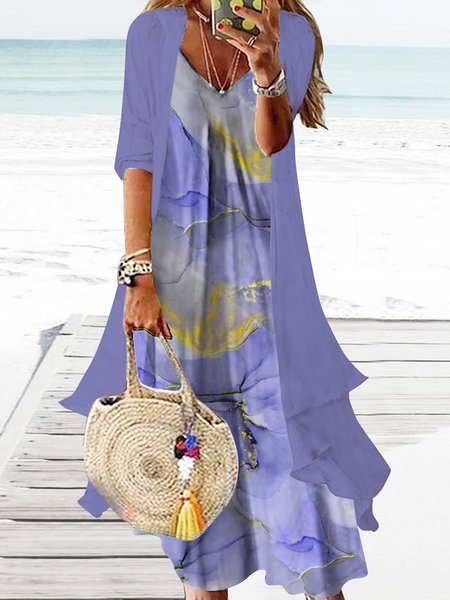 JFN 2PCS V Neck Gradient Vacation Sleeveless Dress with Cardigan, Casual Dresses, color:lavender|size:XXL, JustFashionNow