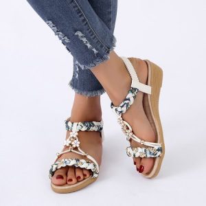 Vintage Floral Slip On Low Heel Gladiator, Sandals, color:Beige|size:41, Noracora