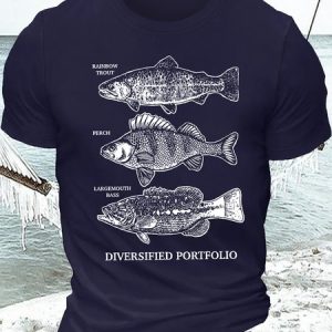Men's Rainbow Trout Perch  Diversified Portfolio Funny Graphic Printing Casual Cotton Loose Text Letters T-Shirt, color:Purplish blue|size:3XL, Lilicloth.com