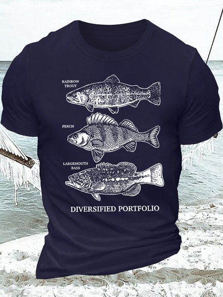 Men's Rainbow Trout Perch Diversified Portfolio Funny Graphic Printing Casual Cotton Loose Text Letters T-Shirt, color:Purplish blue|size:3XL, Lilicloth.com