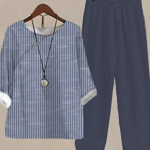 Striped Casual Crew Neck Buckle Loose Two-Piece Set, Suit Set, color:Blue|size:XXL, JustFashionNow