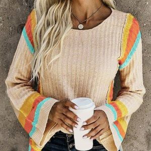 Casual Flare Sleeve Wool/Knitting Color Block Sweater, Sweaters, color:Multicolor|size:XXL, JustFashionNow