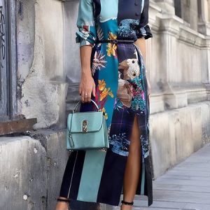 Long sleeve Regular Fit Turtleneck Vacation Floral Dress, Maxi Dresses, color:Green|size:XXL, Stylewe