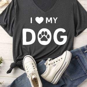 Lilicloth X Funnpaw Women's I Love My Dog Matching V Neck T-Shirt, color:Gray|size:XXL, Lilicloth.com