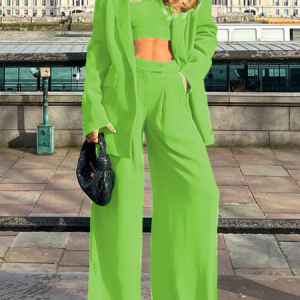Women Plain Lapel Collar Long Sleeve Comfy Casual Top With Pants Matching Outfit, Sets, color:Green|size:XL, Noracora