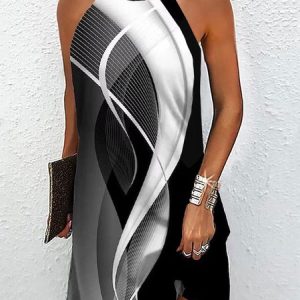 Casual Gradient Pattern Loose Halter Dress, Dresses, color:Black-white|size:XXL, JustFashionNow