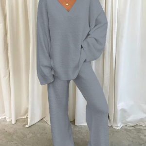 Women's 2PCS Fluffy V Neck Solid Casual Two Pieces Set, Suit Set, color:Gray|size:XXL, JustFashionNow