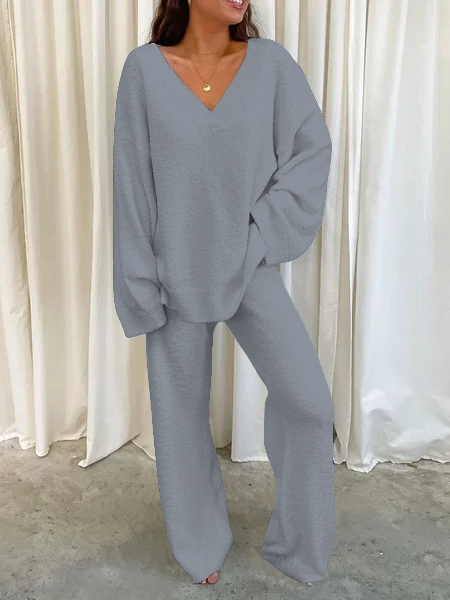 Women's 2PCS Fluffy V Neck Solid Casual Two Pieces Set, Suit Set, color:Gray|size:XXL, JustFashionNow