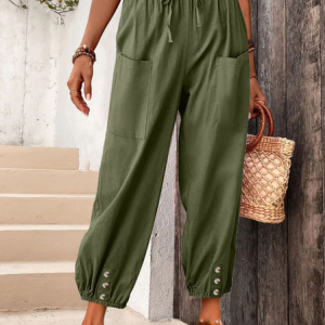 Women's High Waist Pants Drawstring Capri Pants with Pockets Wide Leg Cropped Pants, color:Army Green|size:5XL, Lilicloth.com