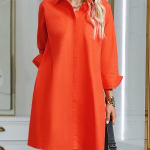 Simple Plain Loose Pockets  Shirt Dress, Dresses, color:Orange Red|size:XS, Stylewe