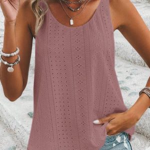 Loose Geometric Elegant Crew Neck Solid Eyelet Embroidery Tank Top, JustFashionNow Tanks & Camis, color:Dusty Pink|size:XXL,