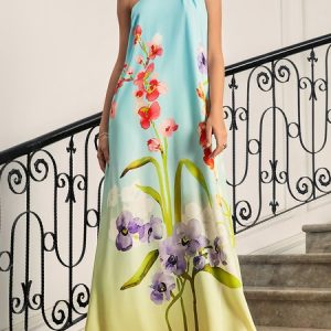 Regular Fit Halter Floral Elegant Party Dress, Maxi Dresses, color:As Picture|size:XXL, Stylewe
