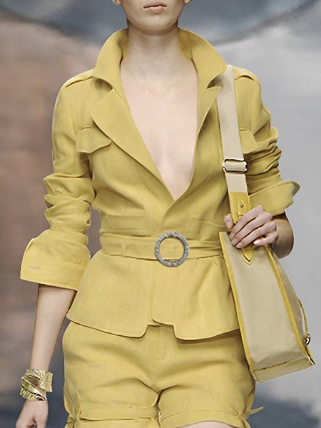 Elegant Regular Fit Lapel Collar Plain Blazer, Blazers, color:Yellow|size:XS, Stylewe