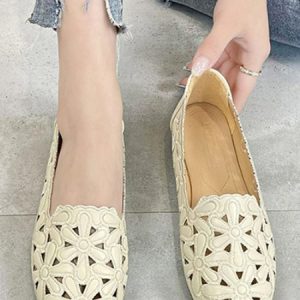 Casual Floral Slip On Flat Heel Shallow Shoes, Flats/Loafers, color:Off White|size:40, Noracora