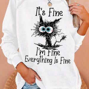Women's Funny I Am Fine Black Cat Letter Crew Neck Sweatshirt, color:White|size:3XL, Lilicloth.com