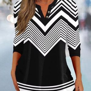 Casual Loose Geometric V Neck T-Shirt, T-Shirts, color:Black|size:XXL, JustFashionNow