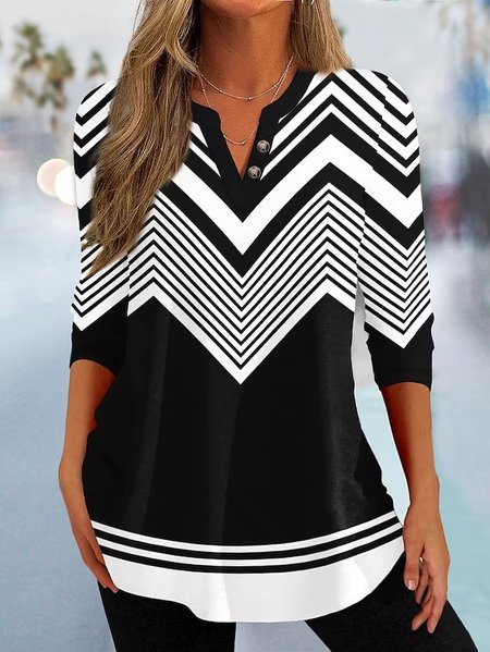 Casual Loose Geometric V Neck T-Shirt, T-Shirts, color:Black|size:XXL, JustFashionNow