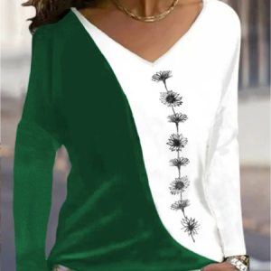 Casual V Neck Floral Loose Long Sleeve T-Shirt, T-Shirts, color:Green|size:XXL, JustFashionNow
