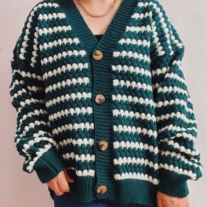 Casual Striped V Neck Regular Fit Cardigan, Sweaters, color:Green|size:XL, JustFashionNow