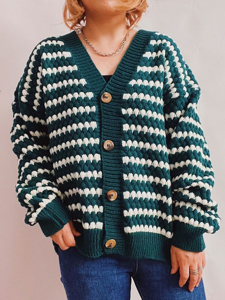 Casual Striped V Neck Regular Fit Cardigan, Sweaters, color:Green|size:XL, JustFashionNow
