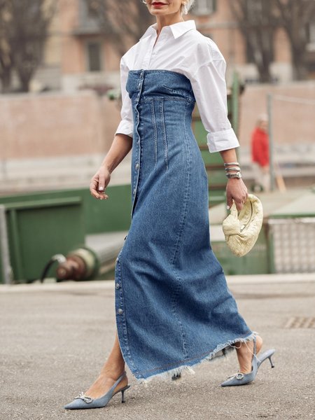 Cold Shoulder Regular Fit Plain Urban Denim Dress, Maxi Dresses, color:Blue|size:XXL, Stylewe