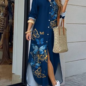 Loose Shirt Collar Floral Vacation Dress, Maxi Dresses, color:Blue|size:XXL, Stylewe
