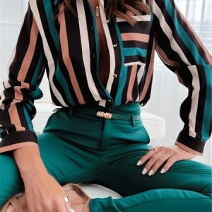 Shirt Collar Long Sleeve Striped Buckle Regular Loose TUNIC Blouse For Women, Shirts, color:Stripe|size:XXL, Noracora