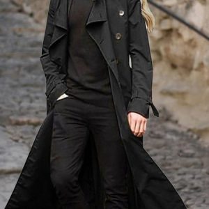 Long Sleeve Plain Buckle Regular Loose Trench Coat For Women 2023, Trench coat, color:Black|size:XXL, Noracora