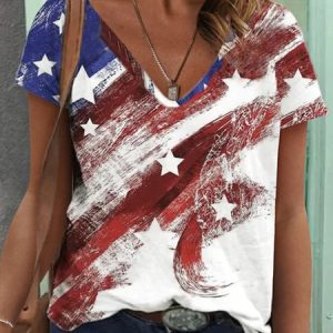 Casual V Neck American Flag Star Printed Abstract T-Shirt, color:As Picture|size:XXL, Lilicloth.com