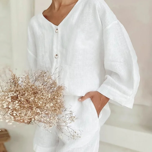 Linen Casual Plain Two-Piece Set, Suit Set, color:White|size:XXL, JustFashionNow