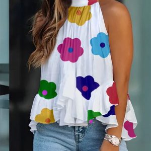 Vacation Floral Stand Collar Loosen Shirt, Blouses and Shirts, color:As Picture|size:XXL, Stylewe