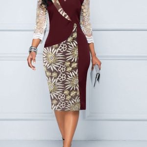 Women Plain Three Quarter Sleeve Comfy Party Lace Midi Dress, Dresses, color:Wine Red|size:5XL, Noracora