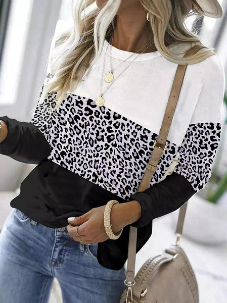 Women Leopard Color Block Casual Basic Long SleeveT-Shirt, T-Shirts, color:Multicolor|size:XXL, JustFashionNow