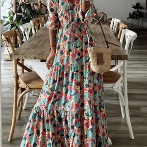 Boho Printing Crew Neck Dress, Dresses, color:Orange|size:5XL, JustFashionNow