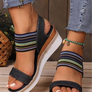 Vacation Striped Denim Wedge Heel Slip On Espadrille Sandals, Sandals, color:Black|size:43, JustFashionNow