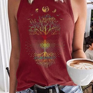 Women's Phases of the Moon Retro 60's 70's Vibe Tree of Life Tank Top, color:Red|size:3XL, Lilicloth.com